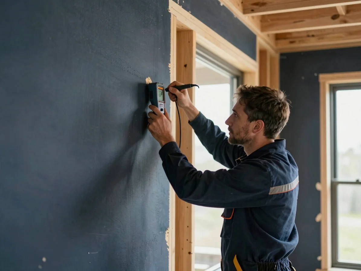 Professional technician using a moisture meter on drywall, clean architectural framing, soft natural window light, high