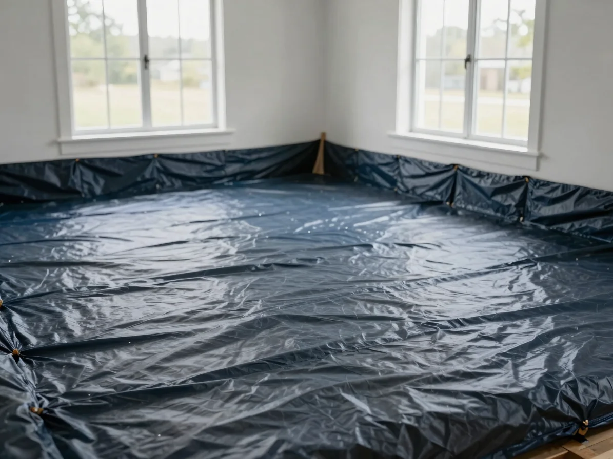 Well-lit and clean crawl space with new vapor barrier, professional work lighting, deep navy and slate tones, high clari