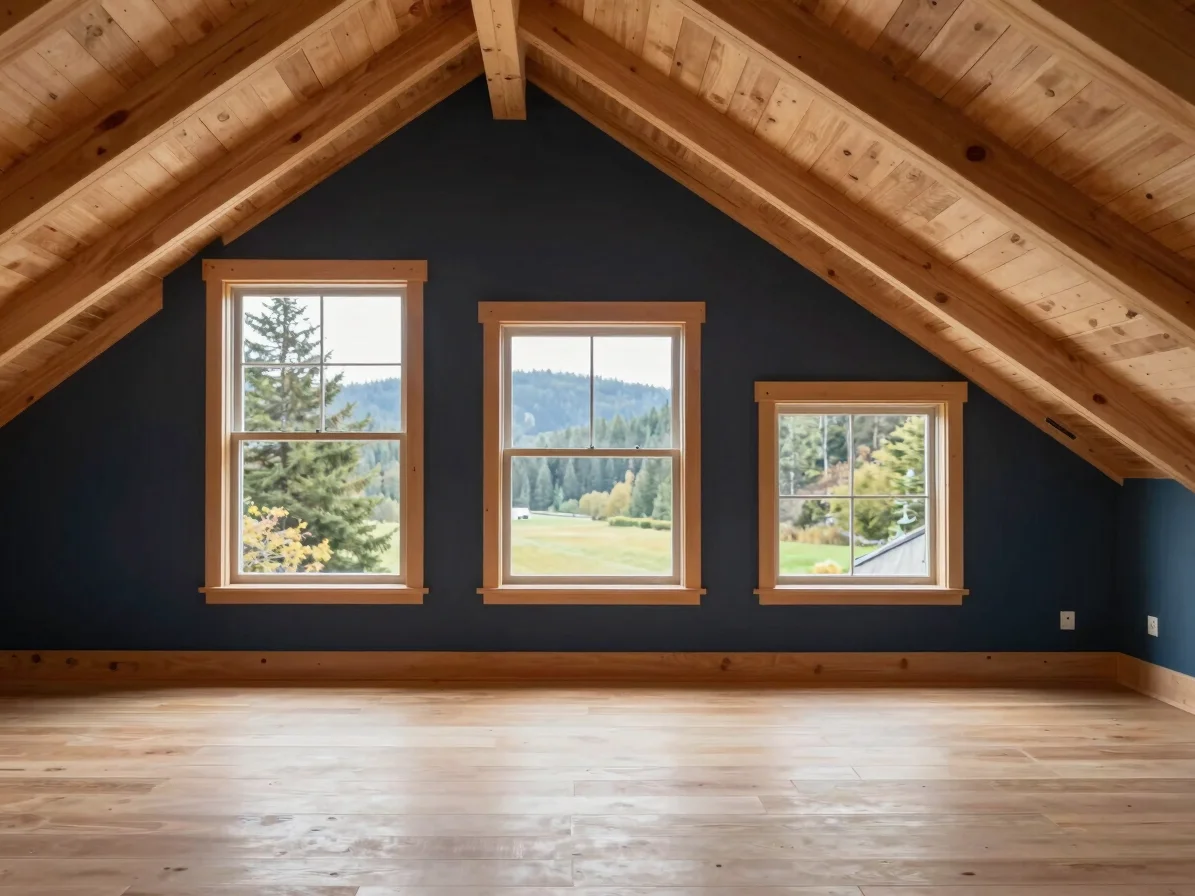 Attic space with clear ventilation pathways, sound timber, bright natural Pacific Northwest window daylight, clean archi