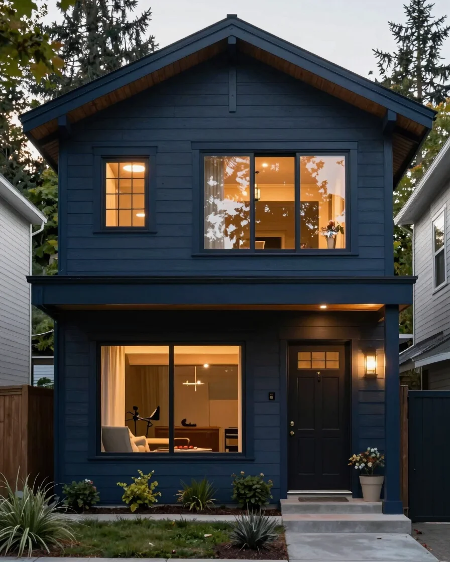 Modern, clean Pacific Northwest home exterior in Seattle, warm na